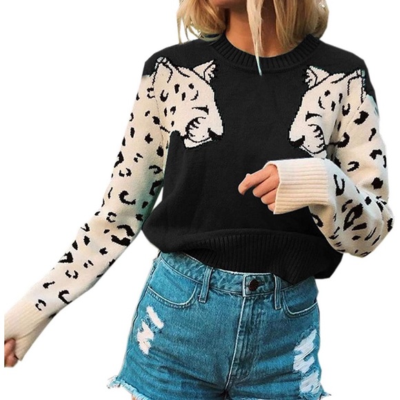 Leopard Printed Knit Pullover Cropped Sweater Tops - Picture 4 of 6